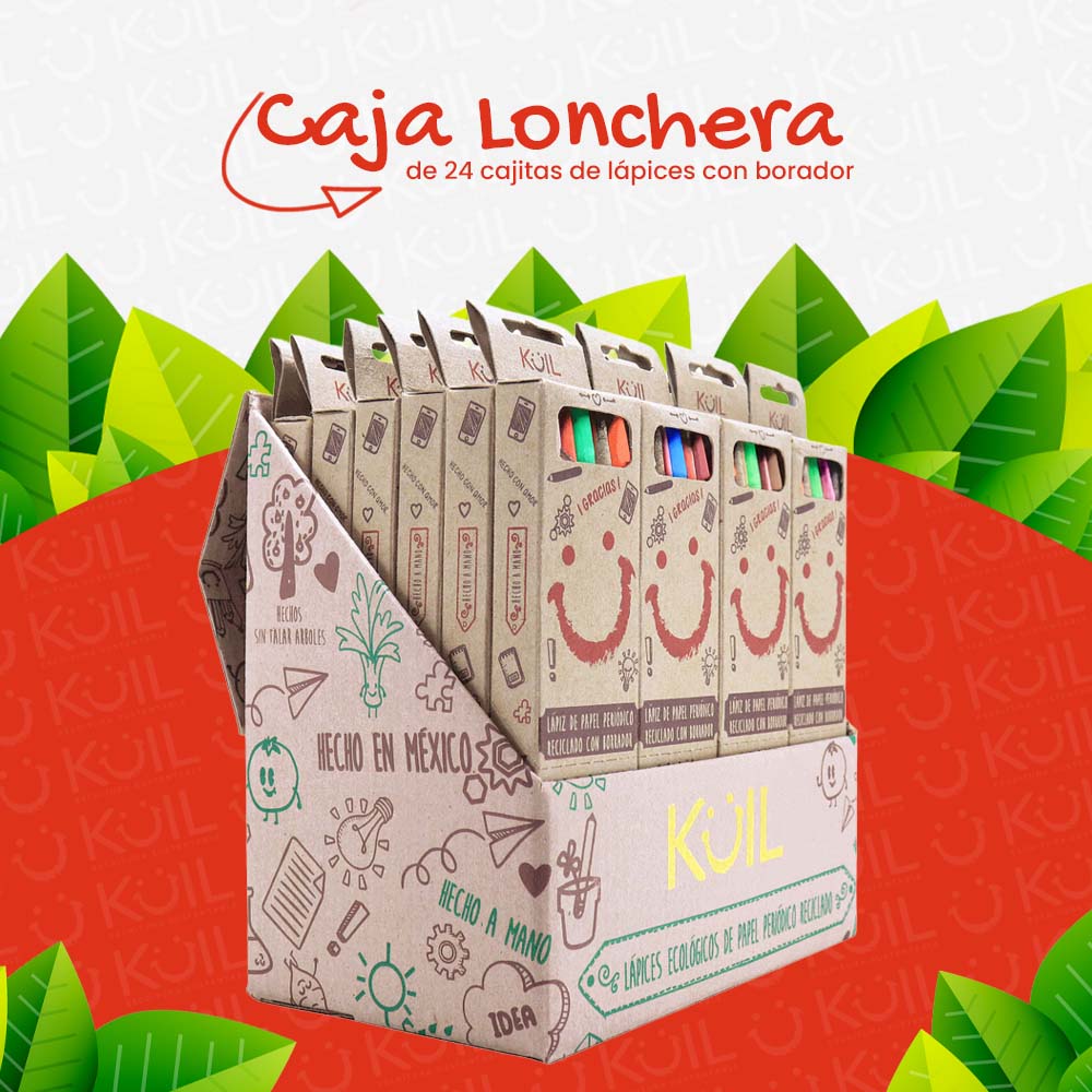 7. Caja Lonchera de 24 cajitas de lápices ecológicos con BORRADOR